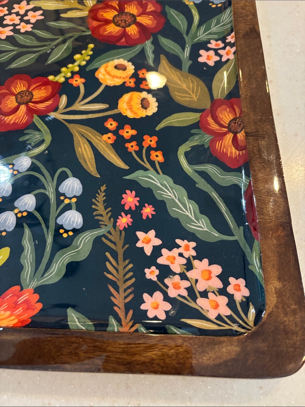 Wooden Floral Serving Tray with Dark Navy Floral Pattern - Picture 5 of 12